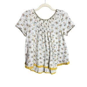 Cousin Earl Beige Yellow Floral Babydoll Peasant Top Sz XS Cottagecore Boho